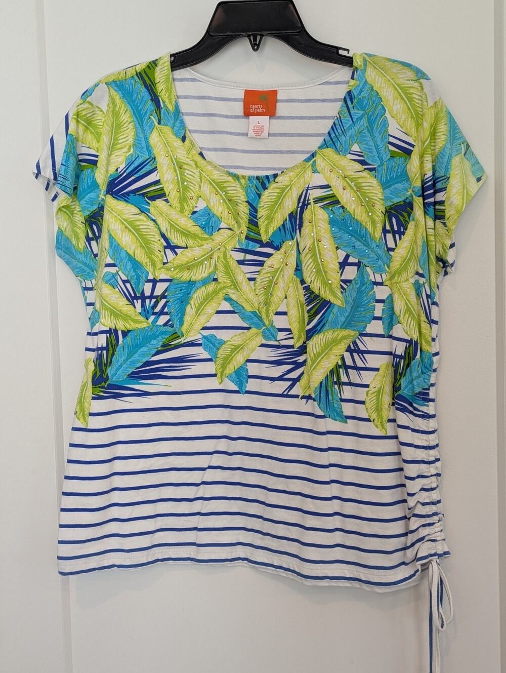Hearts Of Palm Large Knit Top Blue Stripe Green Leaves Bling Cinched Beachy